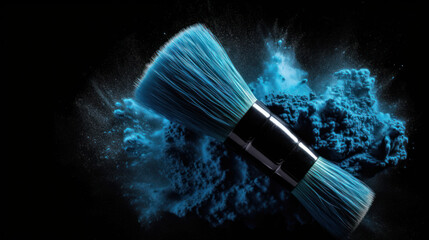 Pinceau de maquillage avec explosion de poudre bleu sur fond noir - obrazy, fototapety, plakaty