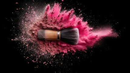 Pinceau de maquillage avec explosion de poudre rose sur fond noir - obrazy, fototapety, plakaty