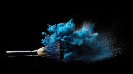 Pinceau de maquillage avec explosion de poudre bleu sur fond noir - obrazy, fototapety, plakaty