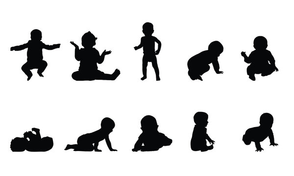 Set of baby and toddler silhouette isolated on white background. Sitting, crawling and standing. Vector illustration