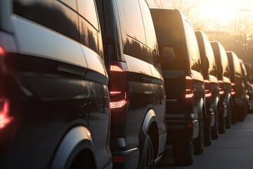 Close-up detail tail light view of many modern luxury black vans parked in row at car sale rental leasing dealer against sunset. Commericial trasfer cargo transportation company fleet. Vip charter - obrazy, fototapety, plakaty