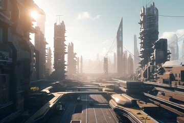 Naklejka na ściany i meble A futuristic cityscape with advanced transportation and logistics technology, Generative AI
