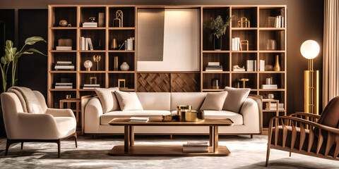 A luxurious living room featuring a statement bookshelf that exudes contemporary elegance, style, and functionality