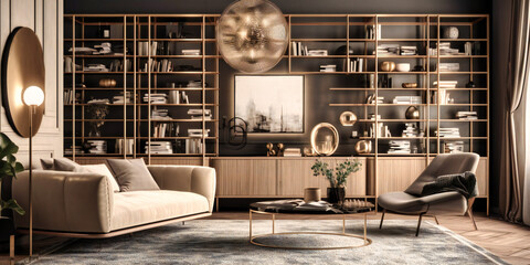 A luxurious living room featuring a statement bookshelf that exudes contemporary elegance, style, and functionality