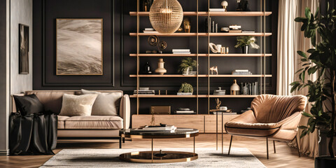 A luxurious living room featuring a statement bookshelf that exudes contemporary elegance, style, and functionality