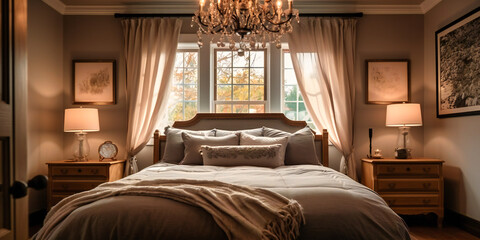 A luxurious bedroom with plush bedding and elegant decor, exuding a sophisticated and serene ambiance