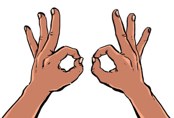 Stylized hand drawn back of hands doing okay gesture in first person point of view 1st POV OK sign