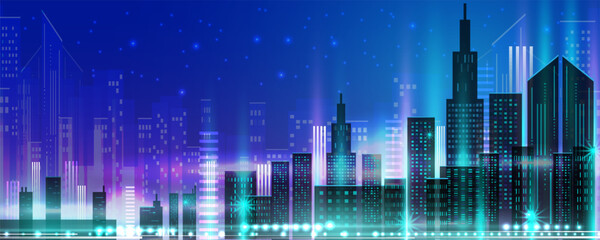 Obraz na płótnie Canvas Abstract background image, night city concept with neon lights and bright colors, architecture, skyscrapers, metropolis, buildings, downtown