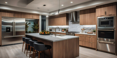 A wide-angle view of a modern kitchen with top-of-the-line appliances, sleek cabinetry, and a marble countertop