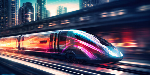 Fototapeta premium A futuristic train racing through a busy city, showcasing a powerful and luxurious design