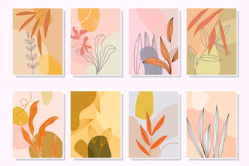 Fototapeta na wymiar Set of trendy poster in pastel color with flowers, leaves, shapes vector illustration.