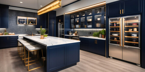 A mid-shot view of a modern luxury kitchen featuring navy blue cabinetry, gold hardware, and top-of-the-line appliances