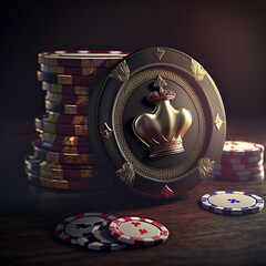 King Crown and Poker Chips on dark background. Casino gambling banner advertising an exclusive V.I.P. poker game tournament. Generative Ai - obrazy, fototapety, plakaty