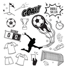 Doodle vector set: Soccer sport equipment and objects such as soccer ball, jersey, goal, globe, corner,etc © halimqdn