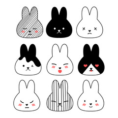 Set of kawaii rabbit faces with different emotions. Happy and sad rabbits.