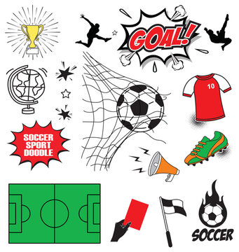 Doodle vector set: Soccer sport equipment and objects such as soccer ball, jersey, goal, globe, corner,etc