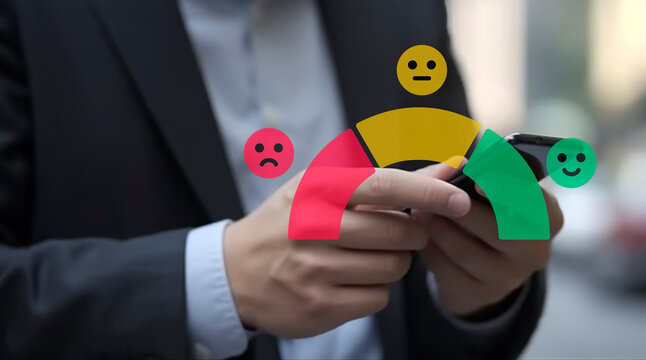 Customer Satisfaction Survey Concept, Users Rate Service Experiences On Online Application, Customer Evaluating Quality Of Service Leading To Business Reputation Rating.