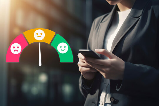 Customer Satisfaction Survey Concept, Users Rate Service Experiences On Online Application, Customer Evaluating Quality Of Service Leading To Business Reputation Rating.
