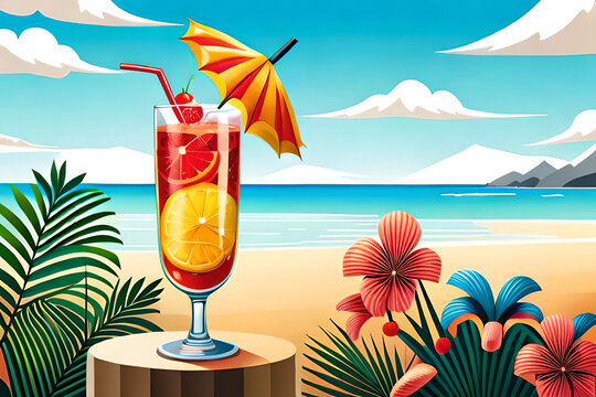 a summer cocktail in a tall glass with ice cubes, garnished with a slice of fruit and a paper umbrella, on a colorful tropical background