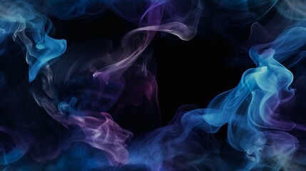 Gl&auml;nzender Rauch. Glitzerfl&uuml;ssigkeit. Tintenwasser. Magischer Nebel. Blaue Farbpartikel Textur malen Dampfsturmwelle auf dunkelschwarzem abstraktem Hintergrund generative AI