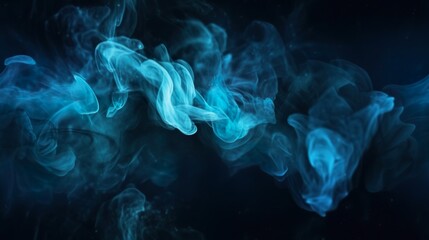Glänzender Rauch. Glitzerflüssigkeit. Tintenwasser. Magischer Nebel. Blaue Farbpartikel Textur malen Dampfsturmwelle auf dunkelschwarzem abstraktem Hintergrund generative AI