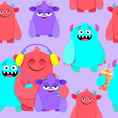 Rainbow monsters in a seamless pattern