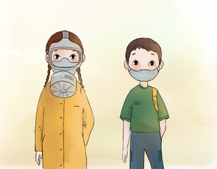 illustration of the children wearing gas and medical mask 