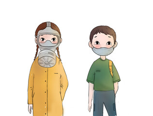 children wearing gas mask and medical mask illustration white background