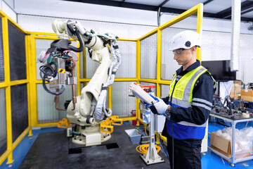 Engineer service robot welding in factory software programming operation test and commissioning