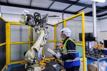 Engineer service robot welding in factory software programming operation test and commissioning