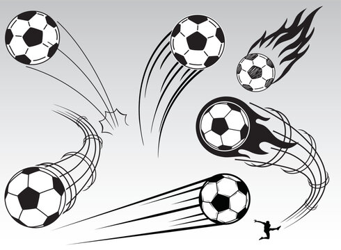 Footballs or soccer balls set in black and white with various motion trails, vector illustration