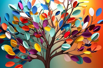 Colorful tree with leaves on hanging branches illustration background. 3d abstraction wallpaper for interior mural wall art décor. Floral tree with multicolor leaves