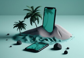 cyber phone palm sand concept summer sea mock holiday creative up. Generative AI. Generative AI