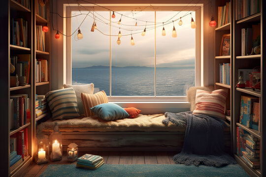 Cosy reading corner with bench, book shelves by large vindow with relaxing view over lake or sea, AI generative Norvegian house interior