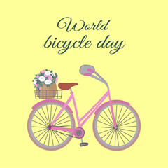 Postcard, congratulation, background. International Bicycle Day. Vintage, retro, pink bicycle, brown basket with flowers on the back seat and green text, on a yellow background. Vector illustration.