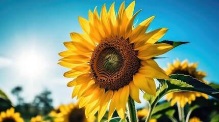 Obraz premium a yellow sunflower in the background blue sky in summer. Generative AI