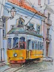 Old Tram Lisbon Portugal. Watercolor Travel Sketch. Lisbon cityscape. Portugal Architecture. Streets of the old city