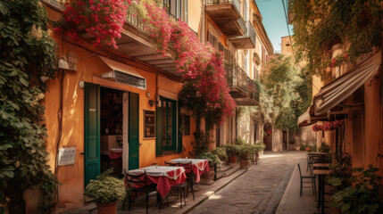 cozy little old street in summer in europe . Generative AI