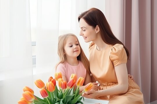 satisfied beautiful mom with tulips looking at daughter, mother with flowers from beautiful daughter, mother's day concept, woman with rose, Generative AI