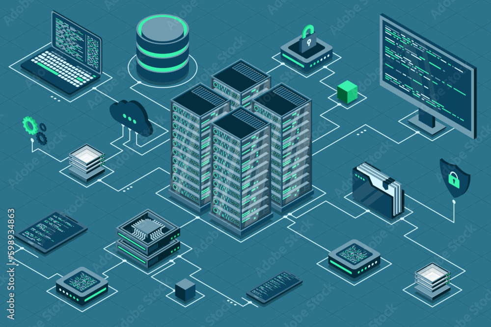 Poster computer technology isometric illustration. computation of big data center. cloud computing. online 