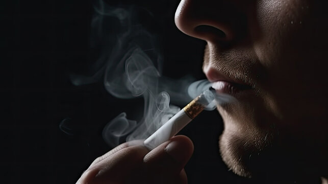 closeup of a smoking cigarette isolated on black background. Generative AI
