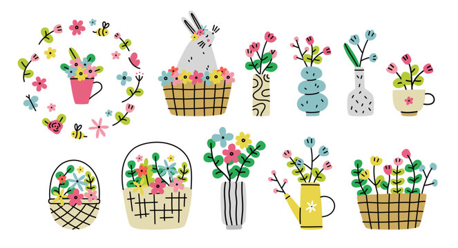 Hand drawn bouquets in vase, cup or watering can. Basket with flowers. Floral composition. Vector illustration.
