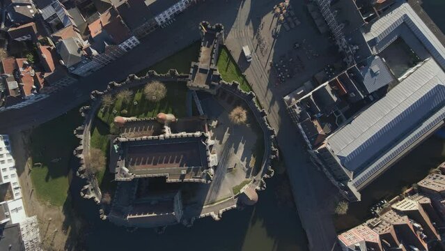 Top down still aerial of Gravensteen Castle in Ghent Belgium