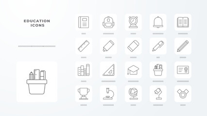 Education icons collection with black outline style. study, book, college, learning, computer, science, knowledge. Vector illustration