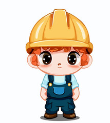 Cute little happy factory builder worker, vector art