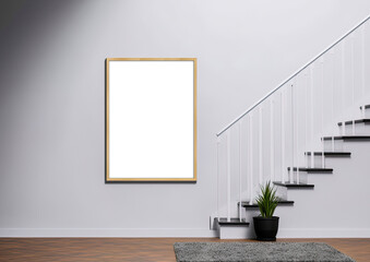 Picture mock up on the wall in a hallway by the staircase. Empty space for a text or image. Copy space, add design. Ai generative