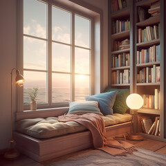 Cosy reading corner with bench, book shelves by large vindow with relaxing view, AI generative Norvegian house interior