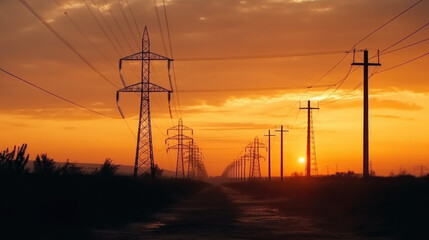 high voltage tower in sunset. Generative AI