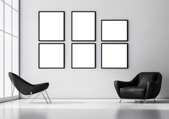 Six Picture mock up on the wall by the window in the office. Empty space for a text or image. Copy space, add design. Ai generative