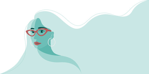 Illustration of a beautiful woman wear red eye glasses, design for banner and background in flat vector style.